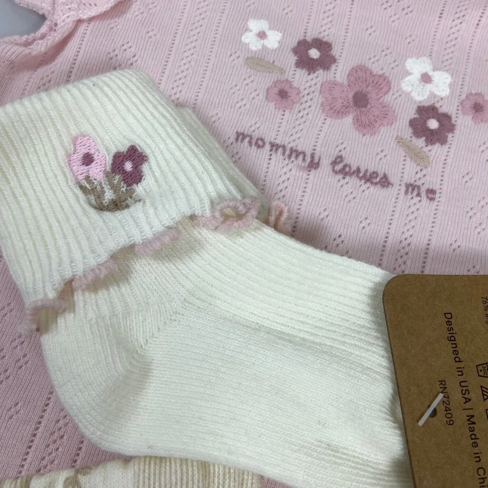 Rabbit + Bear Baby 6-9M Pink‎ Organic Cotton Bodysuit Bloomer Sock Set New